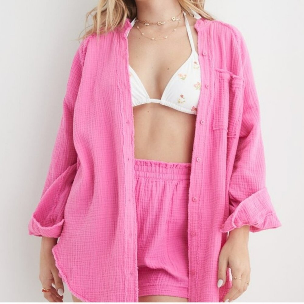 Aerie Pool to Party Gauzy Coverup Top in Club Pink size Small